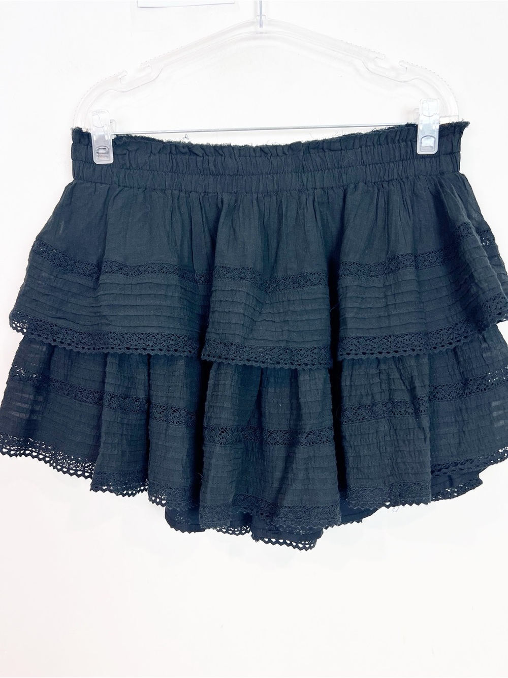AERIE BLACK LACE TRIM ELASTIC WAIST TIERED MINI SKIRT WOMENS LARGE NWT
